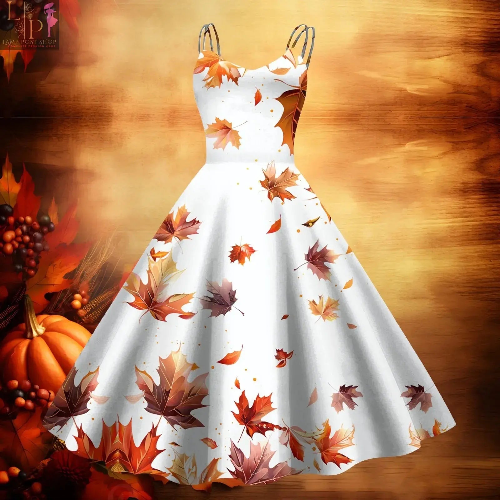 Beige V-neck baby dress by Lamp Post featuring a large swing silhouette with elegant Thanksgiving print and fashionable straps.