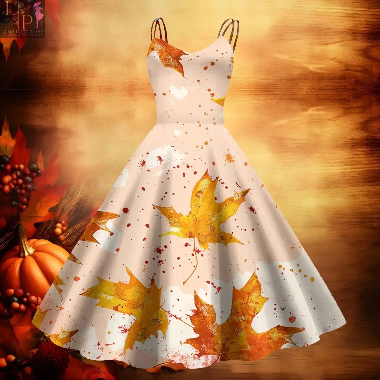 Lamp Post beige baby dress with V-neck, large swing style, printed strap, perfect for festive occasions and elegant wear.