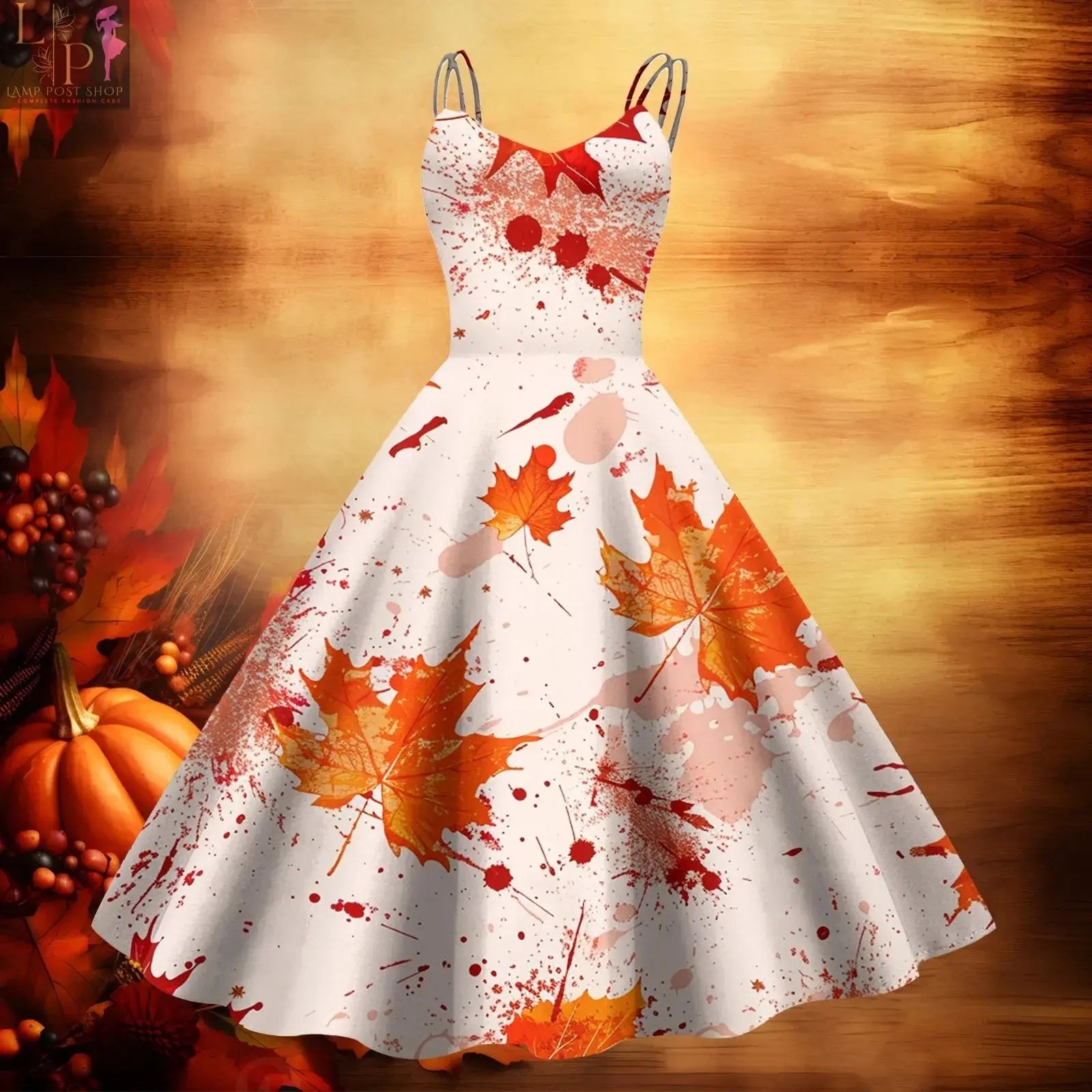Beige V-neck baby dress by Lamp Post featuring a large swing silhouette, elegant maxi style, and Thanksgiving-themed print.