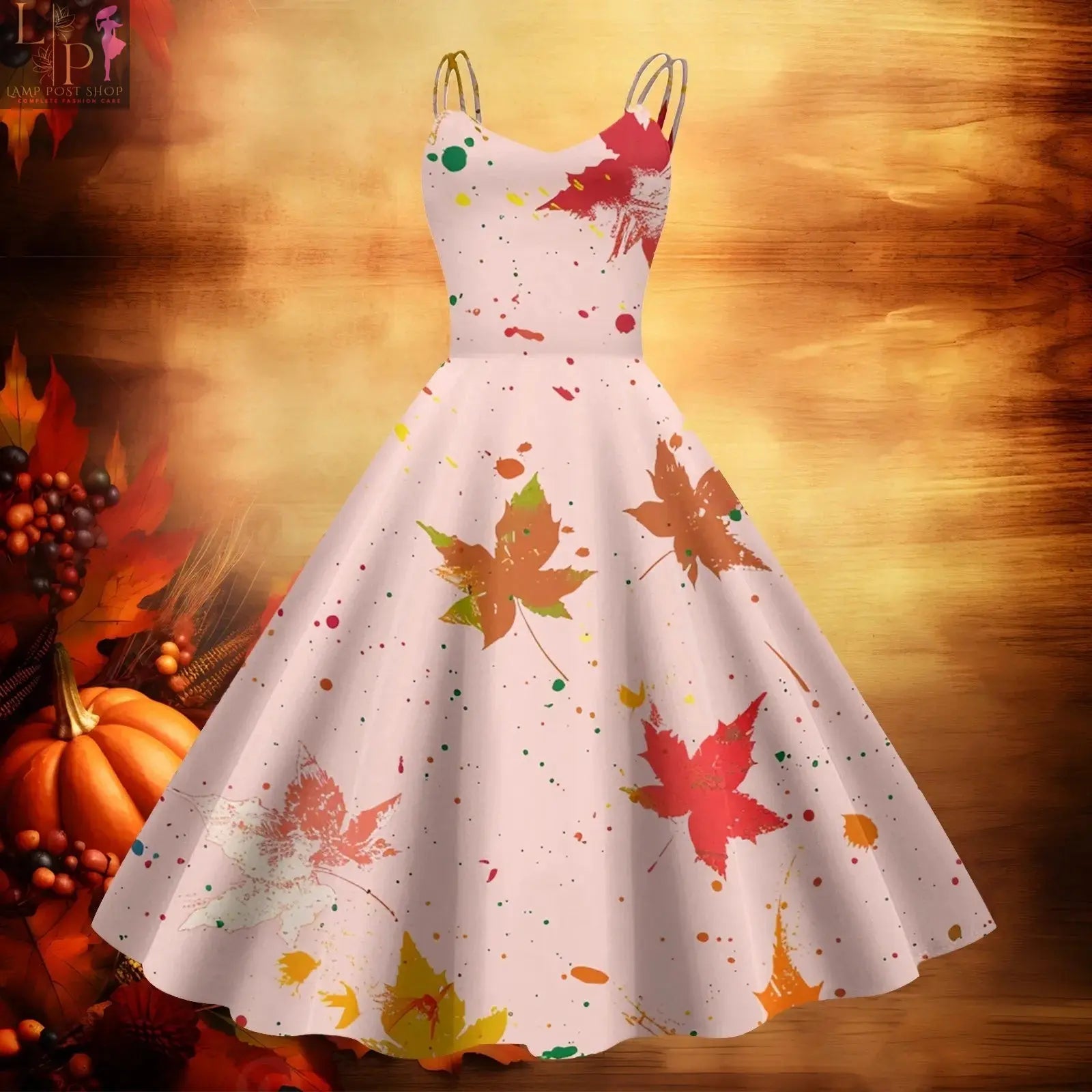 Beige Lamp Post baby dress with zipper, spaghetti straps, V-neck, retro long style, suitable for casual and elegant occasions.