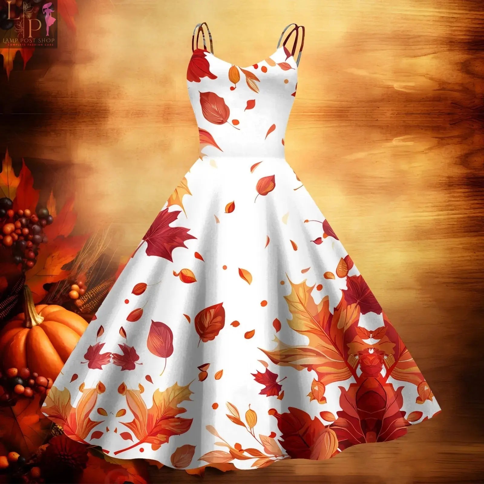 Baby dress by Lamp Post featuring a beige, casual retro long design with zipper, printed pattern, spaghetti straps, V-neck, and swing style.
