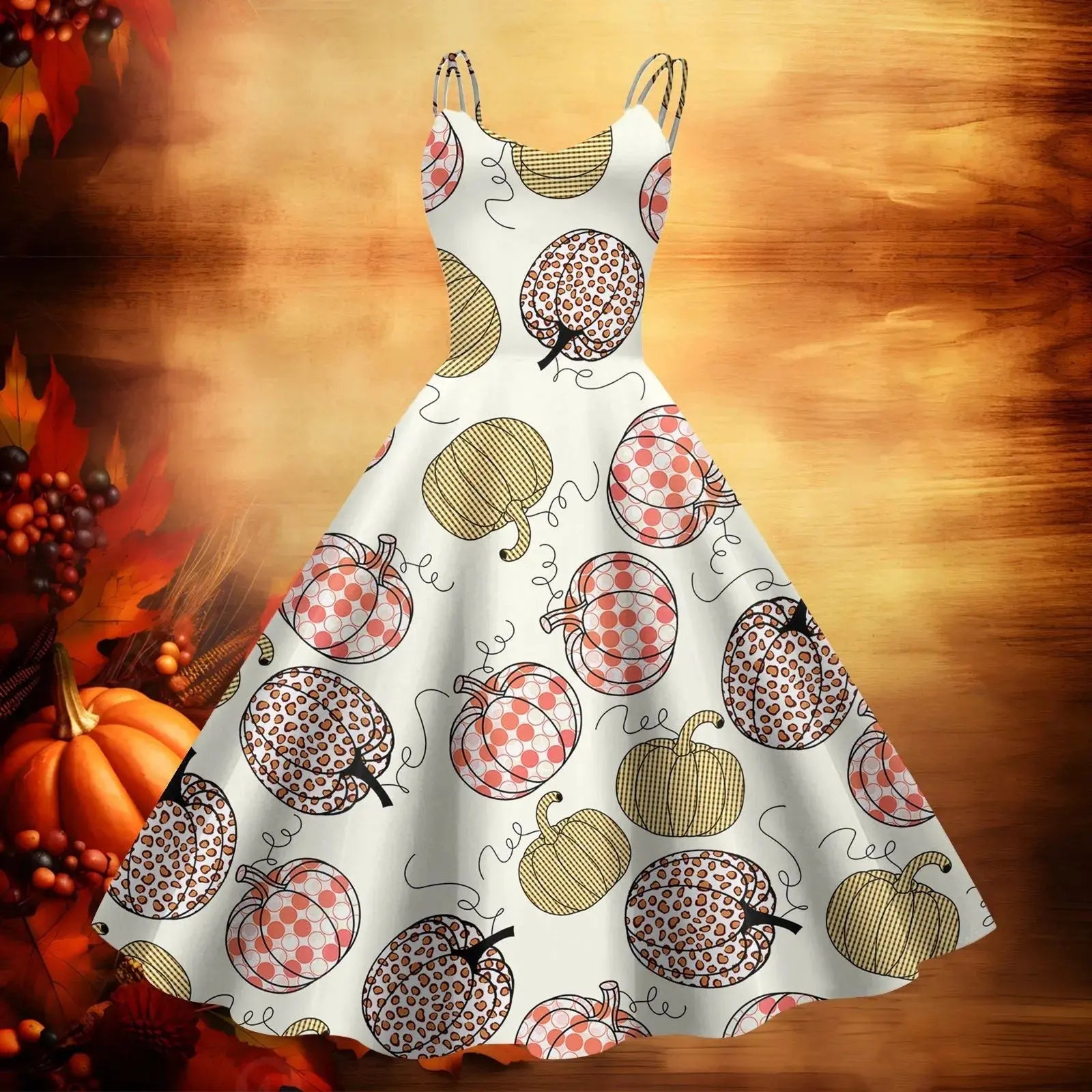 Lamp Post beige baby dress with zipper, spaghetti straps, V-neck, and retro long swing style, perfect for casual and festive occasions.