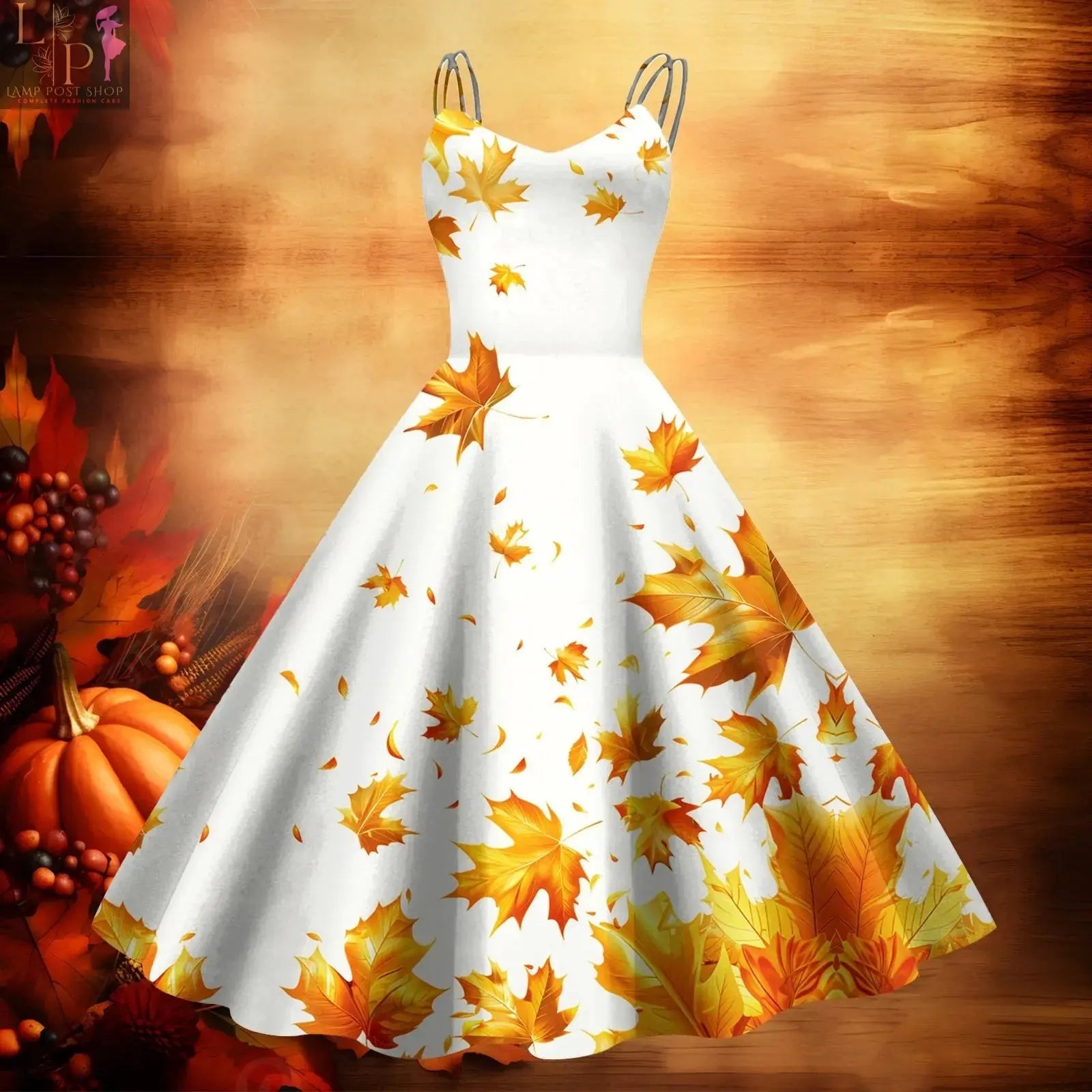Beige Lamp Post baby dress with zipper, spaghetti straps, V-neck, and retro printed design, suitable for casual or special occasions.