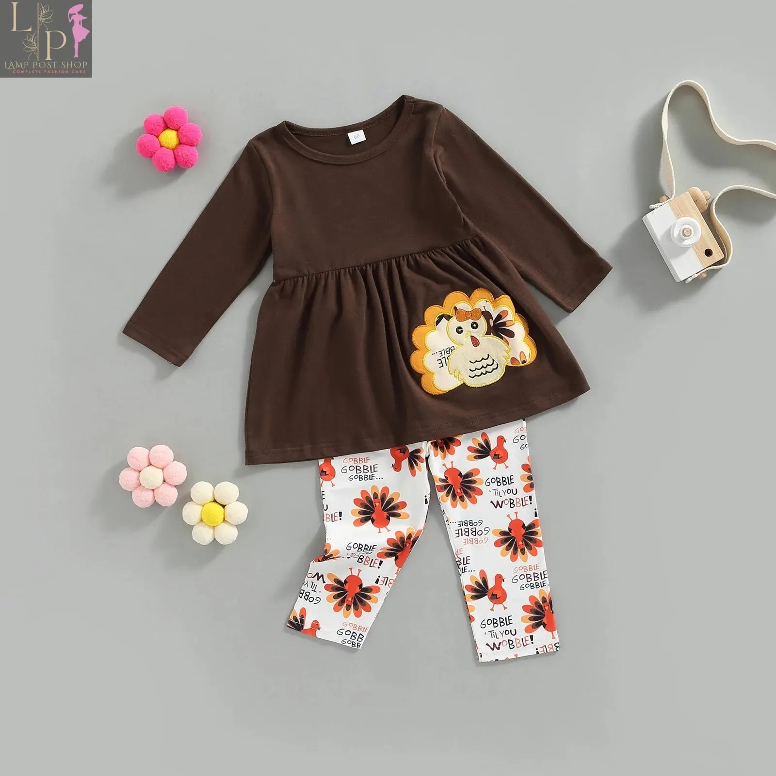 Lamp Post toddler girls Thanksgiving outfit with long sleeve dress and matching pants for ages 0-6 years, perfect for fall celebrations.