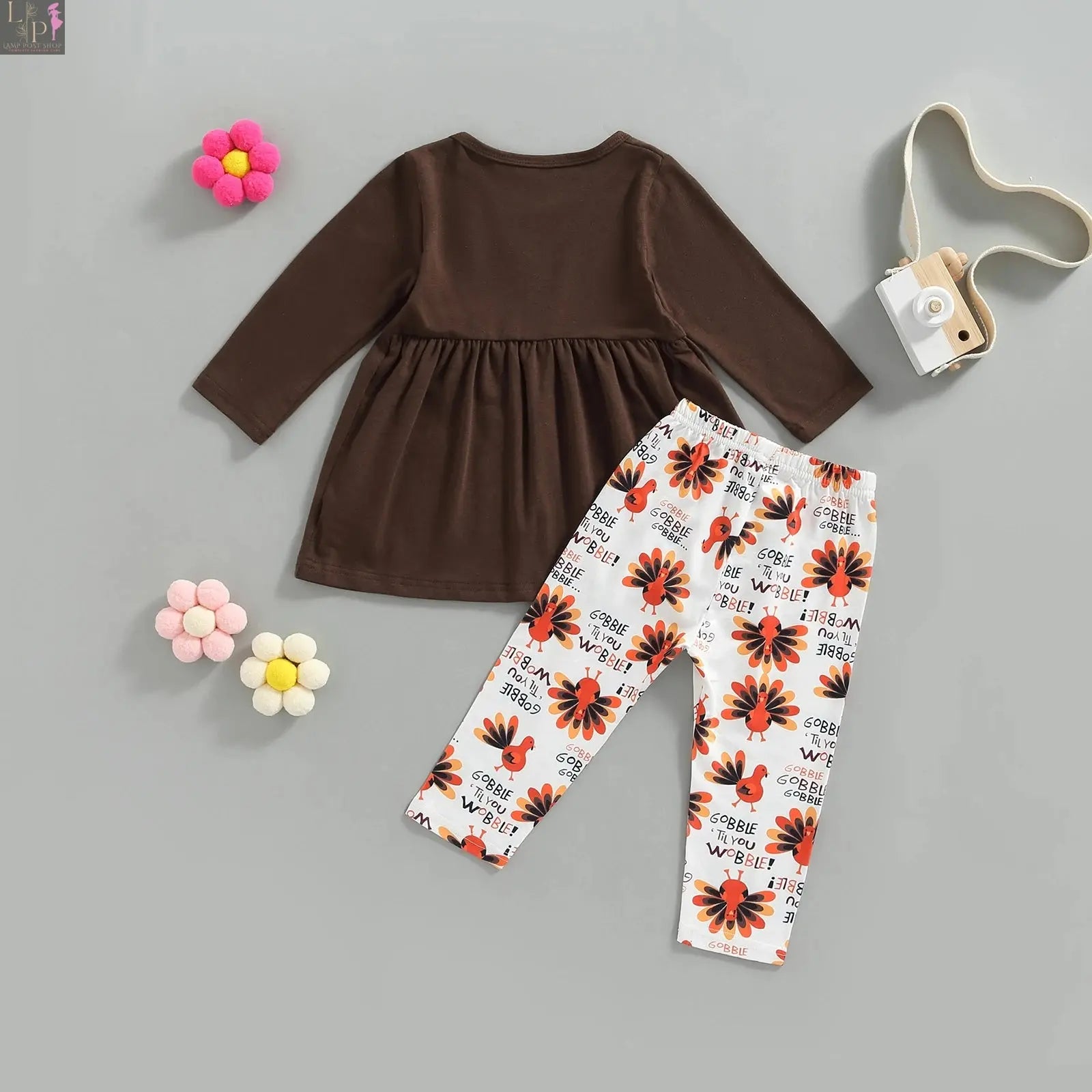 Lamp Post toddler girls Thanksgiving outfit with long-sleeve dress and matching pants for ages 0-6 years, featuring festive holiday style.