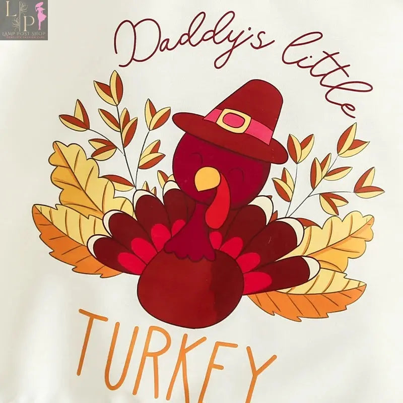 Lamp Post toddler girl Thanksgiving outfit with turkey print long sleeve sweatshirt and matching headband for ages 6 months to 3 years.