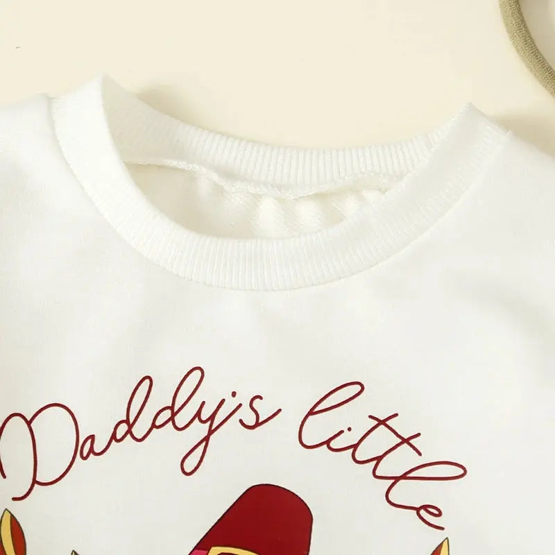 Toddler girl Thanksgiving outfit by Lamp Post featuring a turkey print long sleeve sweatshirt and matching headband for ages 6M-3Y.