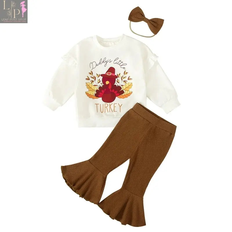 Lamp Post toddler girl Thanksgiving outfit with turkey print long sleeve sweatshirt and matching headband for ages 6 months to 3 years.