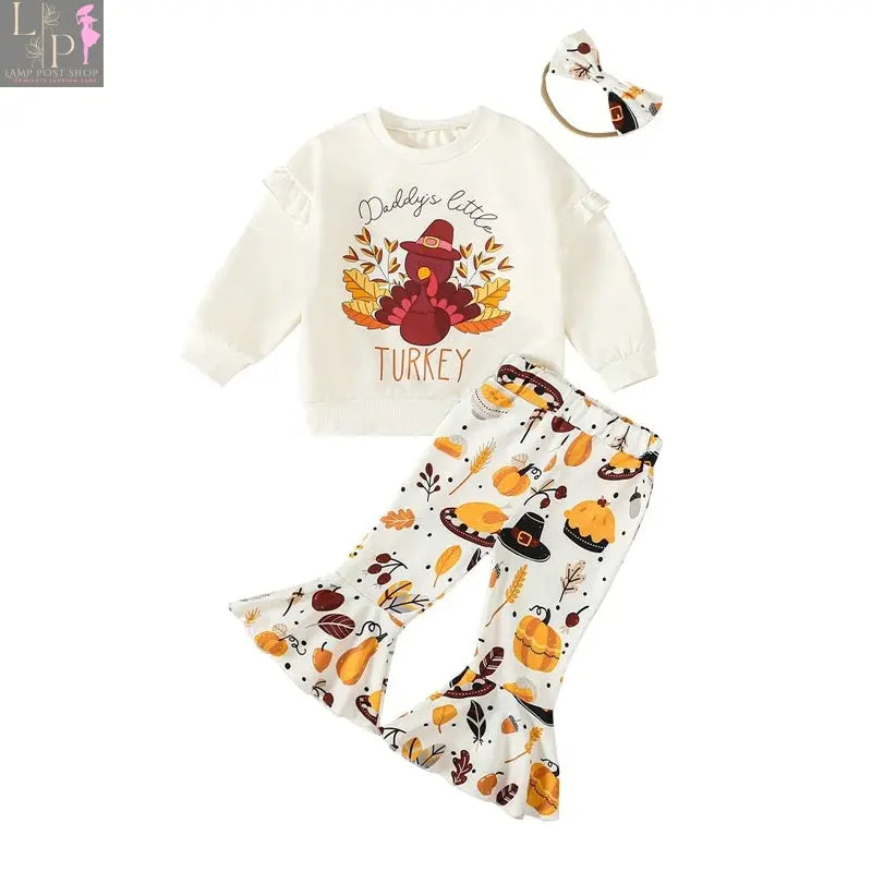 Toddler girl Thanksgiving outfit by Lamp Post, turkey print long sleeve sweatshirt with headband, suitable for ages 6 months to 3 years.