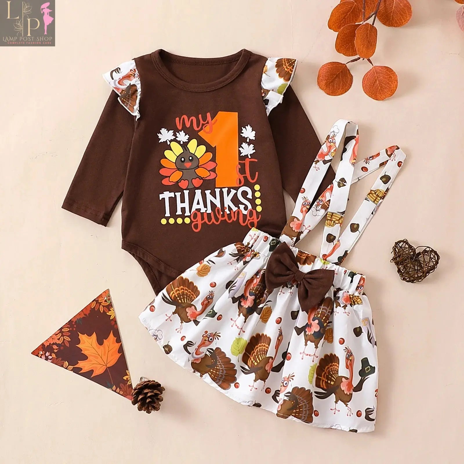 Lamp Post baby girl dress in coffee color, 12-24 months, featuring a cute Thanksgiving outfit set for infants.