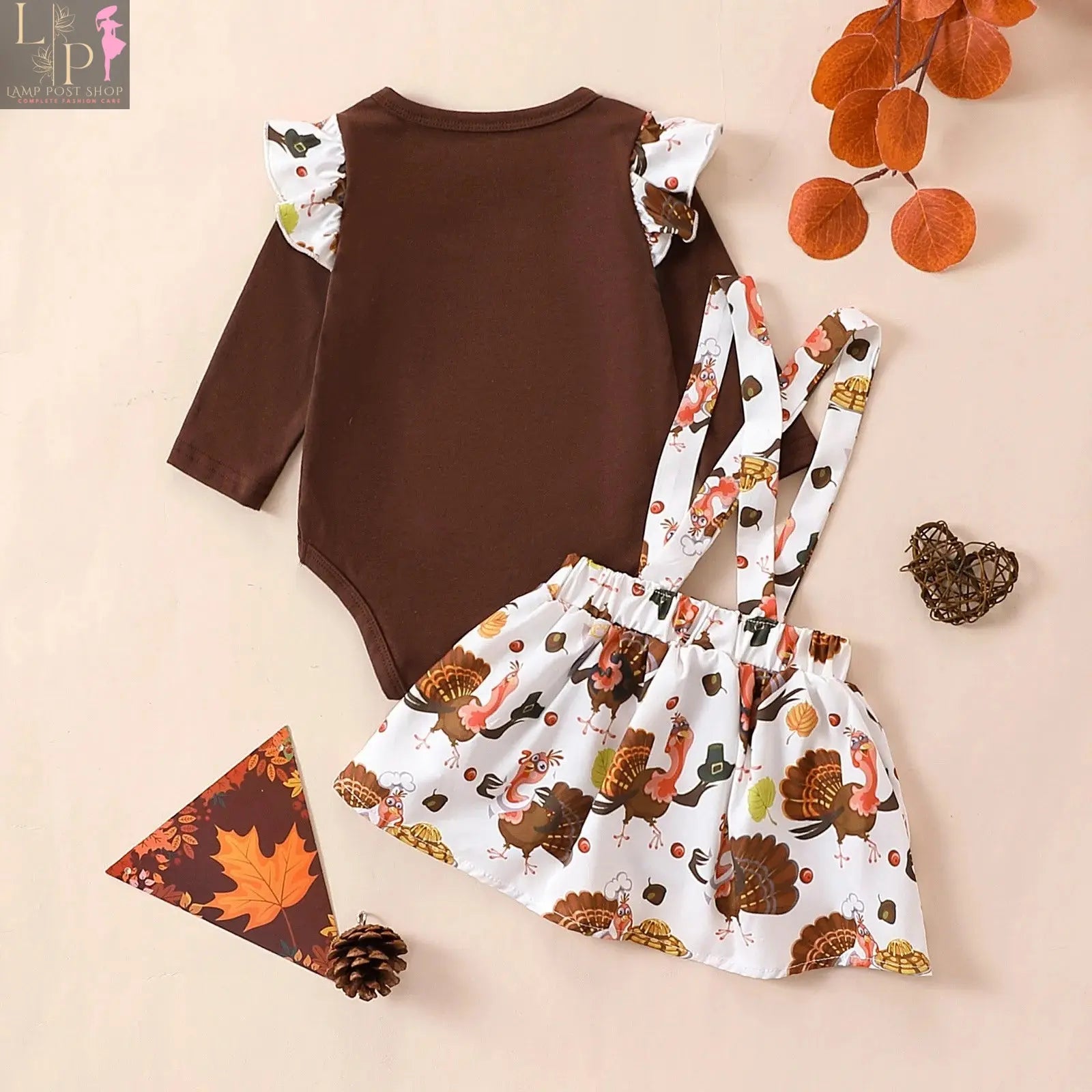 Lamp Post baby girl dress in coffee color, 12-24 months, with Thanksgiving-themed outfit set for infant girls.
