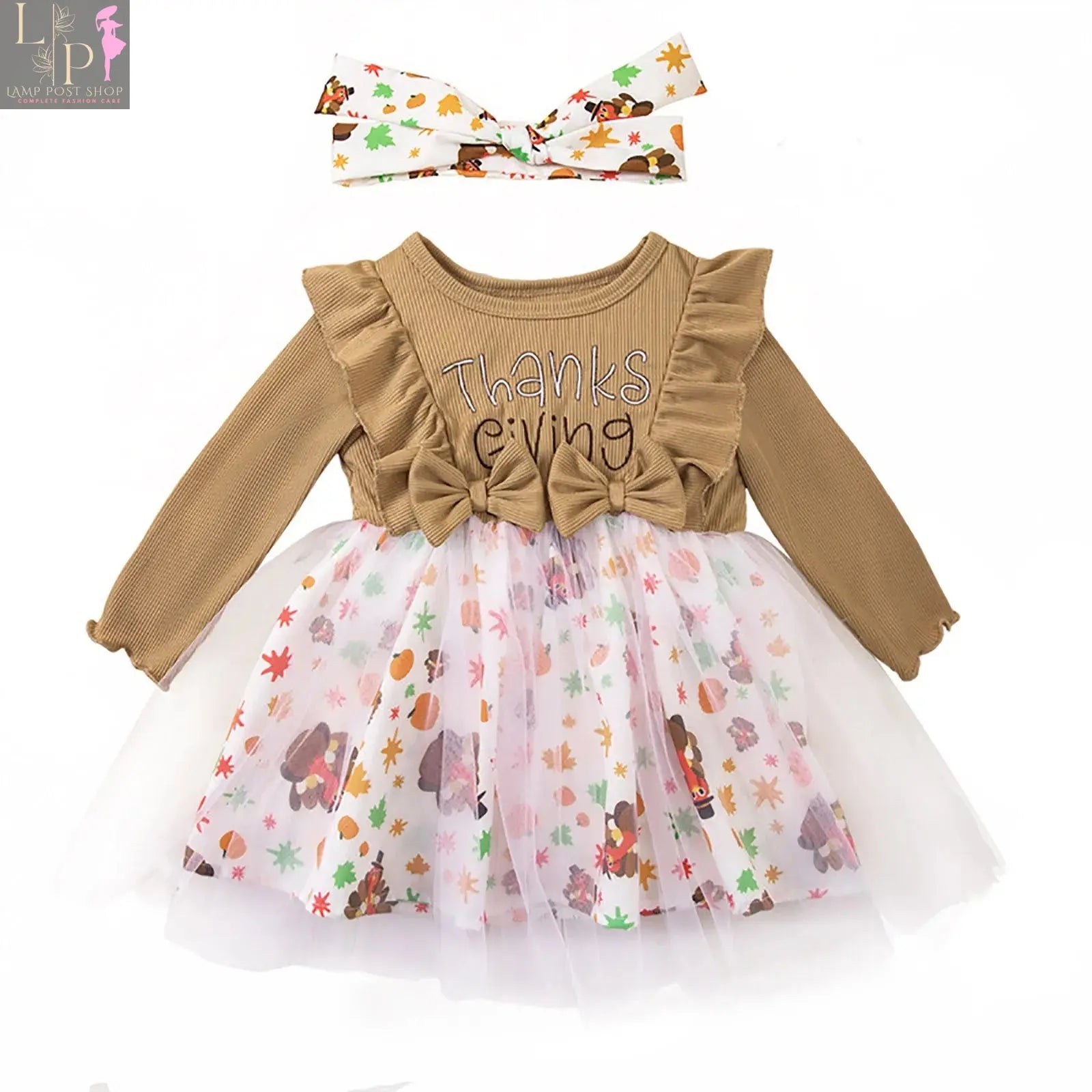 Toddler girl Thanksgiving dress by Lamp Post with ruffled long sleeves, turkey print, crew neck, and matching bow headband.