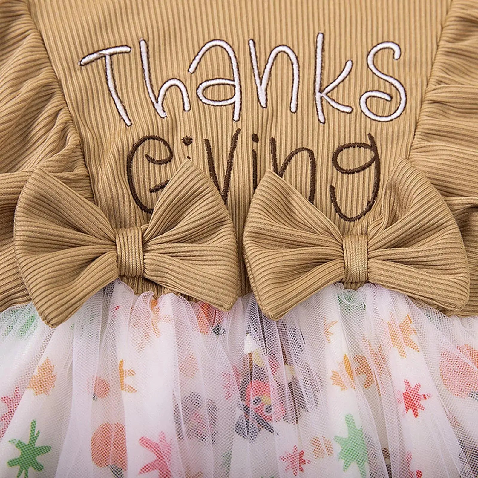 Toddler girl Thanksgiving dress by Lamp Post with ruffled long sleeves, turkey print, crew neck, and matching bow headband, 1-5T.