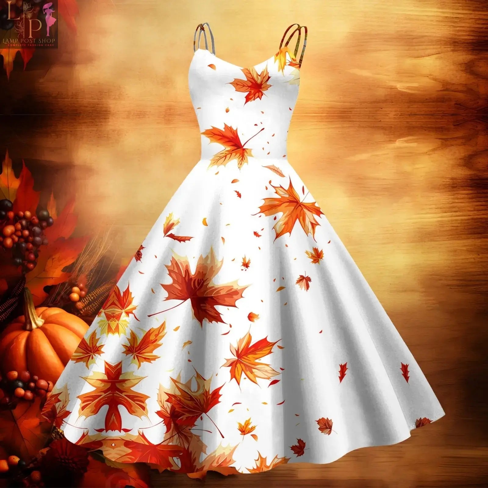 Light yellow baby dress by Lamp Post featuring a Thanksgiving print, V-neck, zipper, casual retro style, long swing maxi dress.