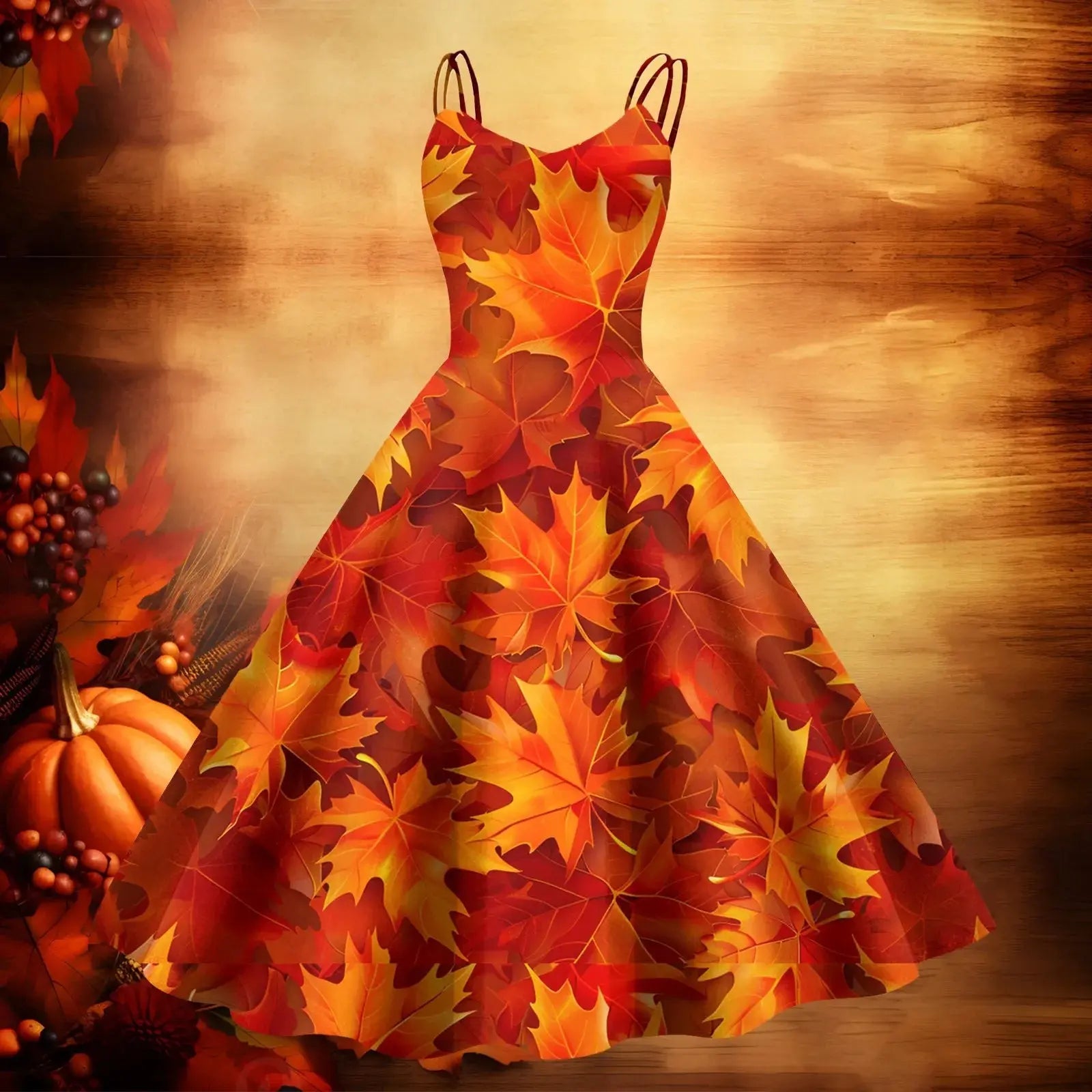 Light yellow baby dress by Lamp Post featuring a Thanksgiving print, V-neck, zipper closure, and a flowing, elegant maxi design.