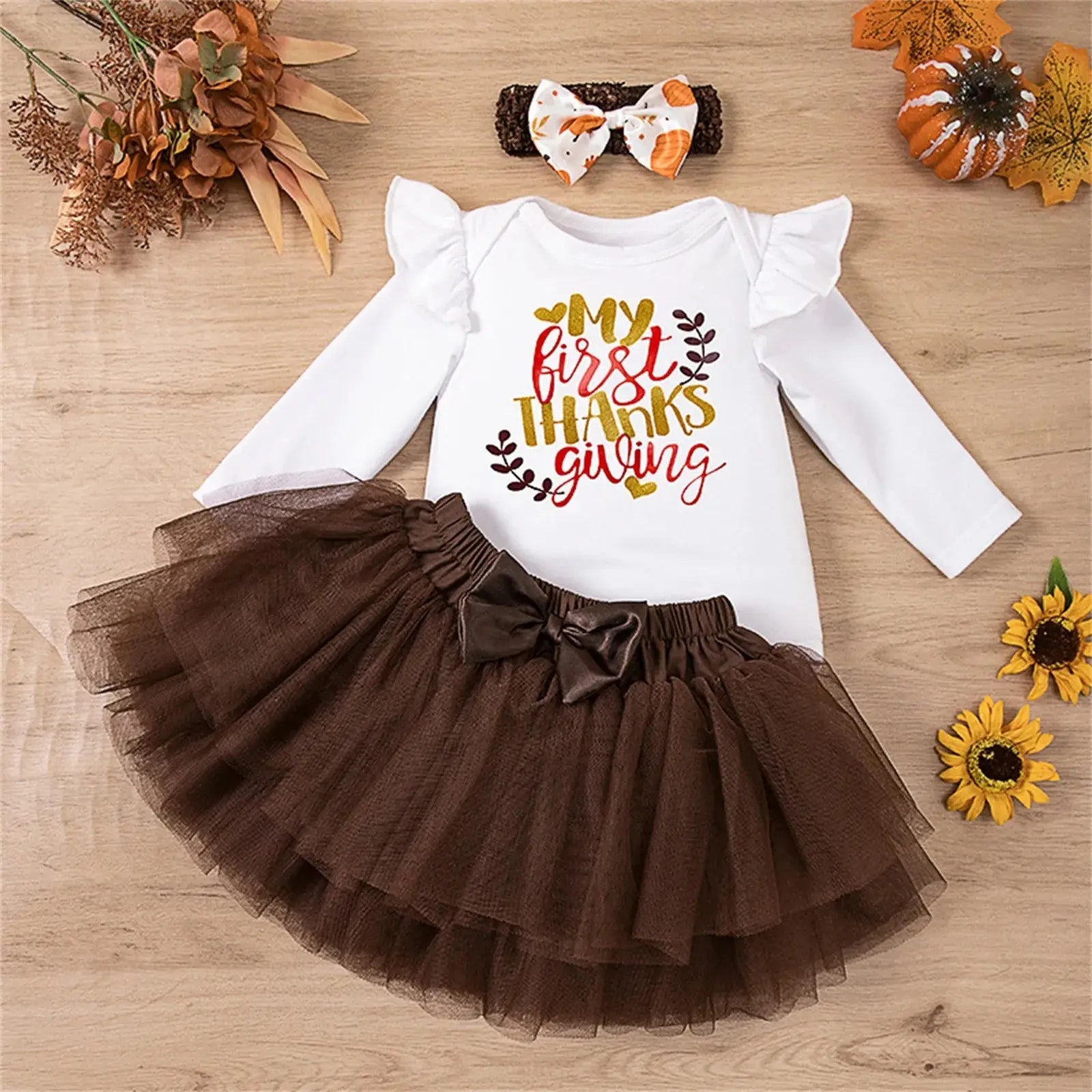 White newborn baby girl Thanksgiving outfit set with bodysuit, headband, and clothes for infants 0-24 months by Lamp Post.