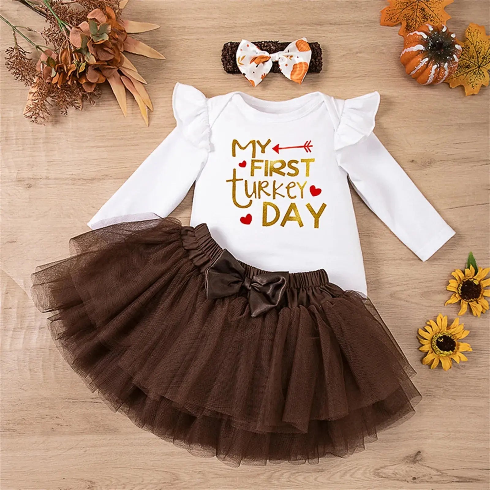 Lamp Post newborn baby girl Thanksgiving outfit set with white bodysuit, headband, and matching clothes for ages 0-24 months.