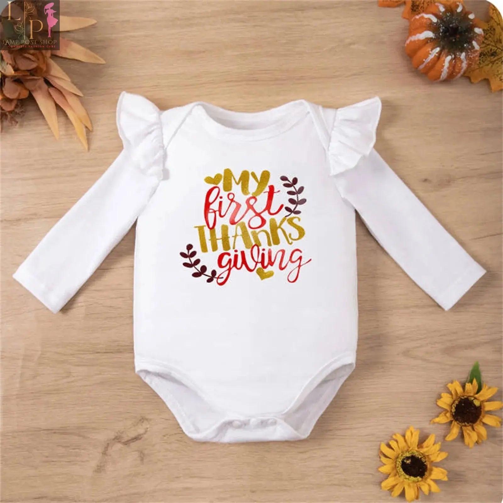 White newborn baby girl Thanksgiving outfit set with bodysuit, headband, and matching clothes for infants 0-24 months by Lamp Post.