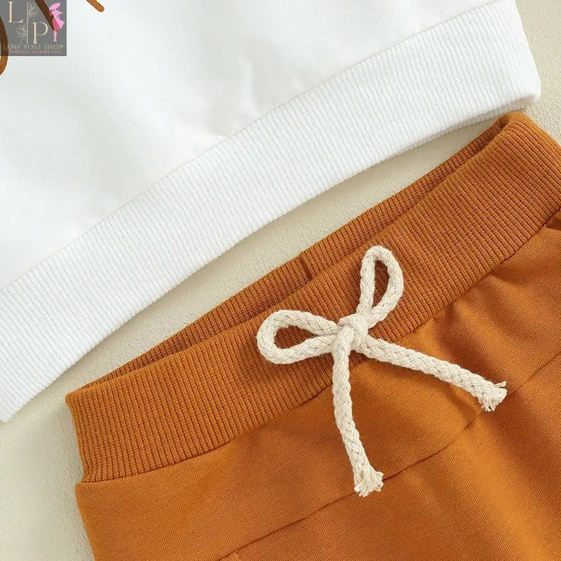 Baby boy Thanksgiving outfit by Lamp Post with letter print long sleeve sweatshirt and solid color pants for autumn festivals.