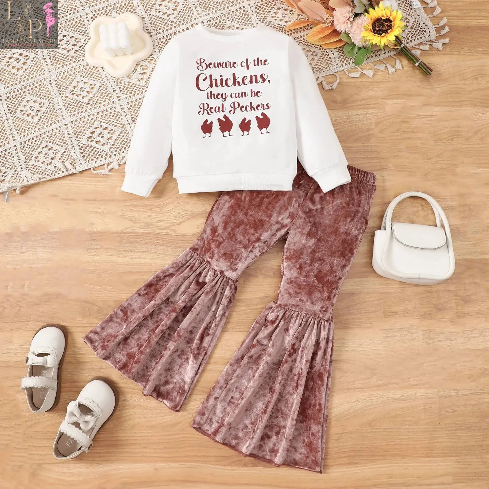 White long-sleeve toddler girls' Thanksgiving letter print outfit set by Lamp Post, includes tops and pants for ages 3-7 years.