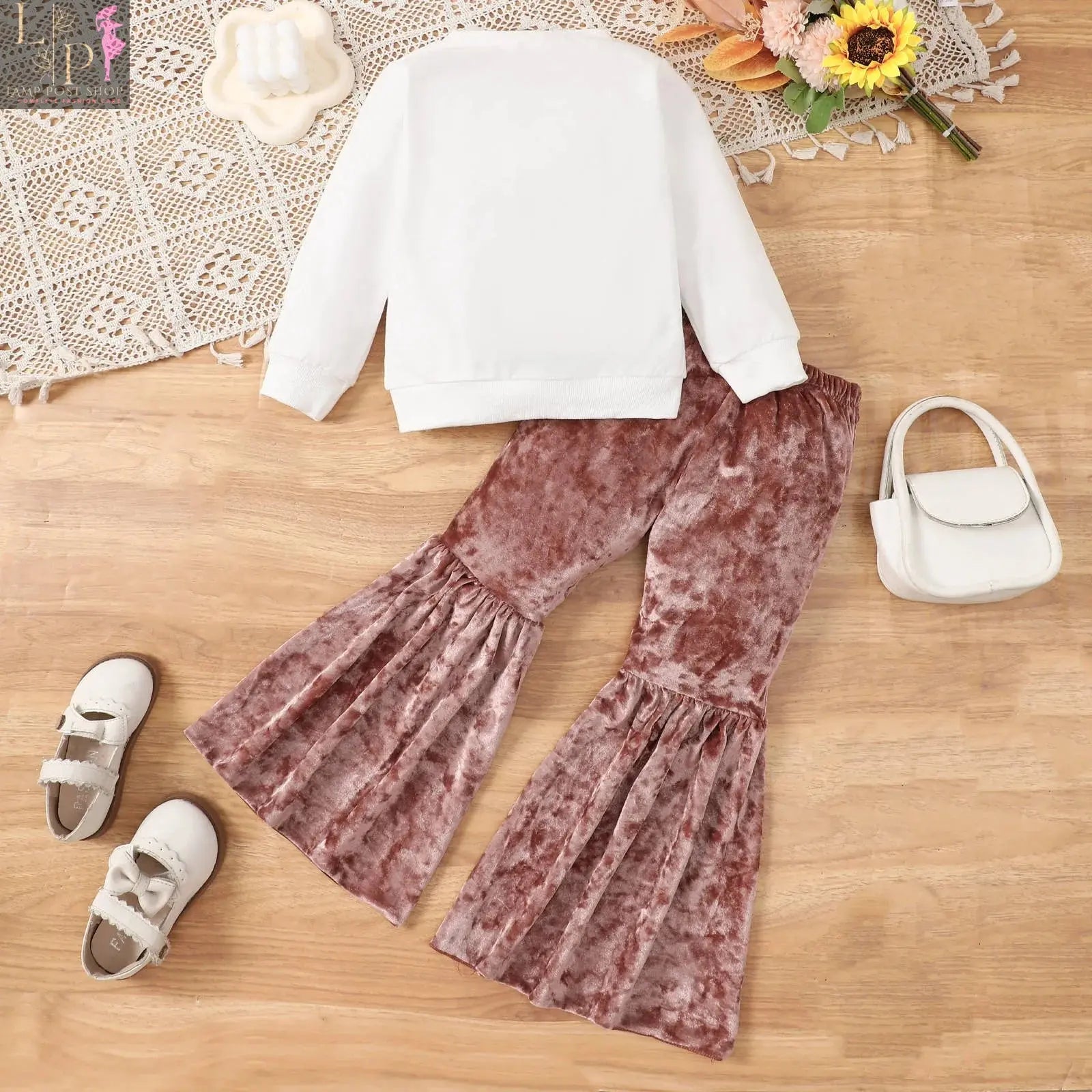White long sleeve toddler girls' outfit by Lamp Post with letter print tops and pants, perfect for Thanksgiving for ages 3 to 7 years.