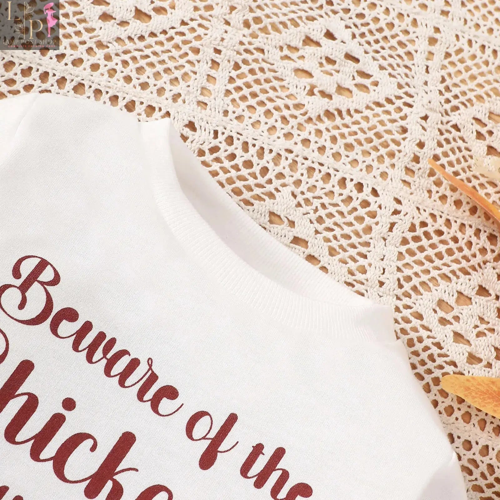White long sleeve toddler girl outfit by Lamp Post with Thanksgiving letter print tops and matching pants, 2-piece kids clothing set.