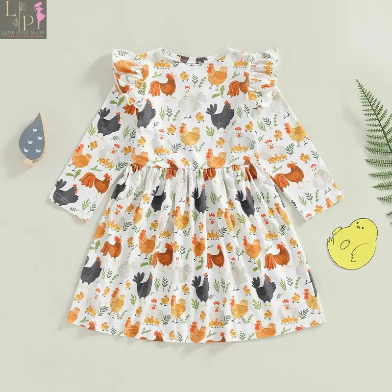 White long sleeve girls' Thanksgiving dress by Lamp Post for babies and kids ages 6 months to 6 years, featuring a festive design.