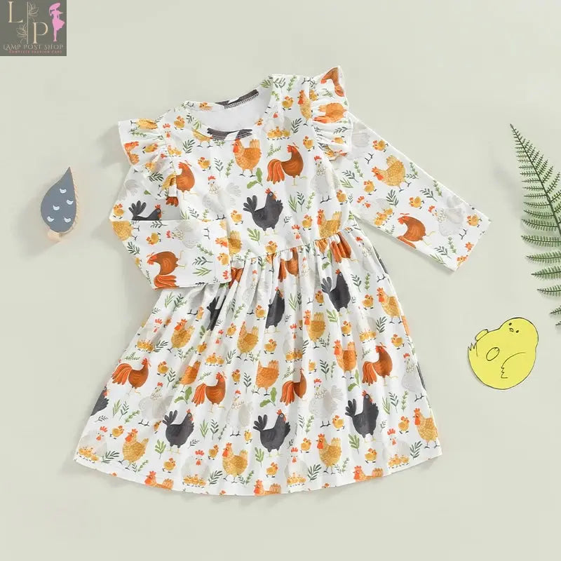 White long sleeve girls' Thanksgiving dress by Lamp Post for ages 6 months to 6 years, featuring a soft, comfortable baby dress design.