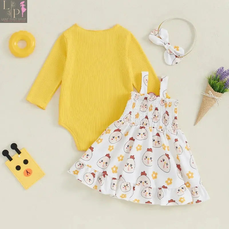 Baby girl’s yellow Thanksgiving jumpsuit by Lamp Post, long sleeve baby dress with turkey design, suitable for 9 months.