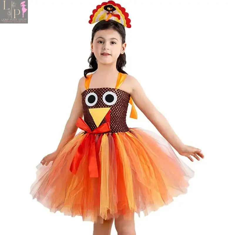 Yellow Thanksgiving Turkey Tutu Baby Dress with bowknot and matching headband, soft and breathable girls' dress by Lamp Post.