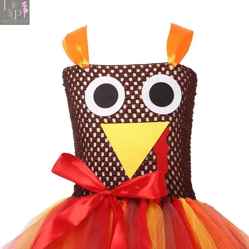 Bright yellow baby girl dress with turkey tutu, bowknot design, matching headband, soft breathable fabric, perfect for Thanksgiving.