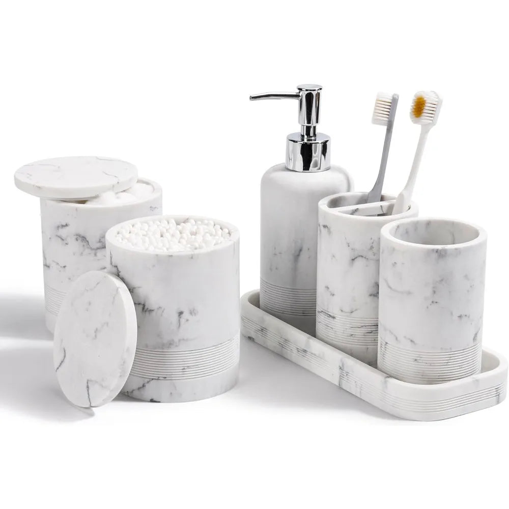 White Lamp Post 6-piece bath accessories set with toothbrush holder, soap dispenser, vanity tray, and tumbler for modern bathrooms.