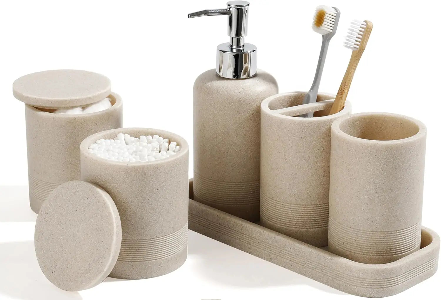 White 6-piece bathroom accessories set by Lamp Post including toothbrush holder, soap dispenser, vanity tray, and tumbler.