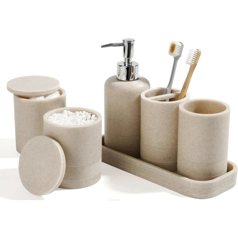 Lamp Post small black 6-piece modern bathroom accessories set including toothbrush holder, soap dispenser, vanity tray, and tumbler.