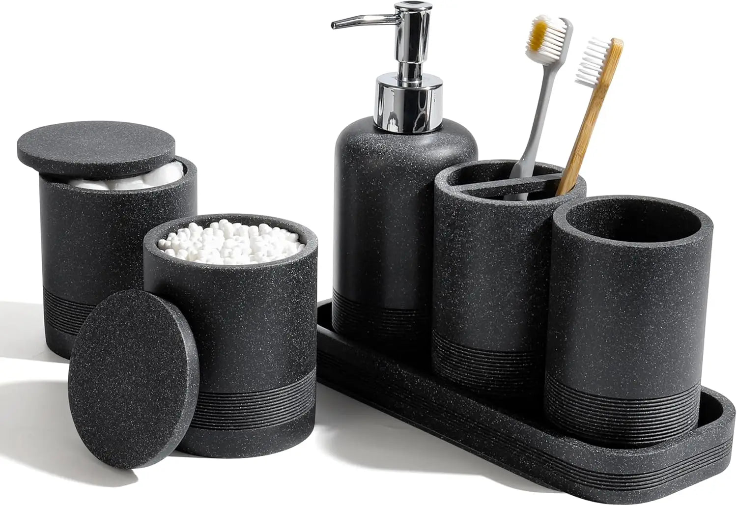 Small black Lamp Post 6-piece bathroom accessories set including toothbrush holder, soap dispenser, vanity tray, and tumbler.