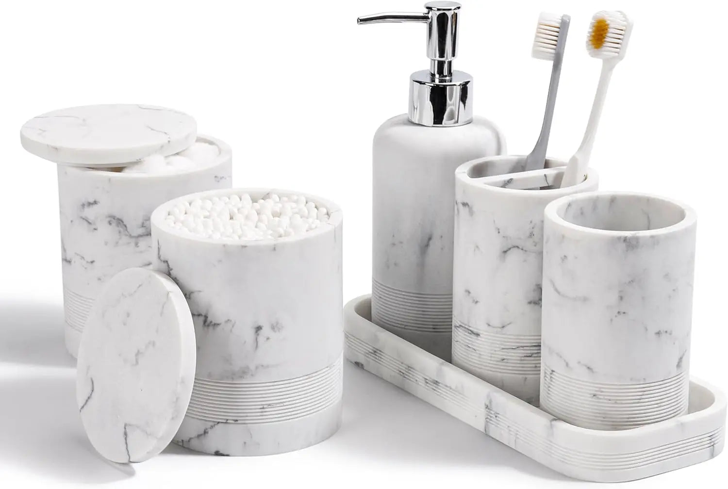 Lamp Post small black 6-piece modern bathroom accessories set including toothbrush holder, soap dispenser, vanity tray, and tumbler.