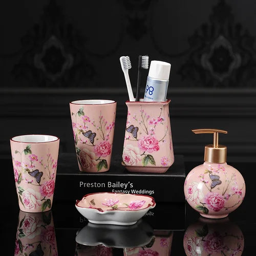 Lamp Post luxury pink rose bath set with ceramic toothbrush holder, soap dispenser, soap dish, and bathroom cup for elegant bathroom decor.