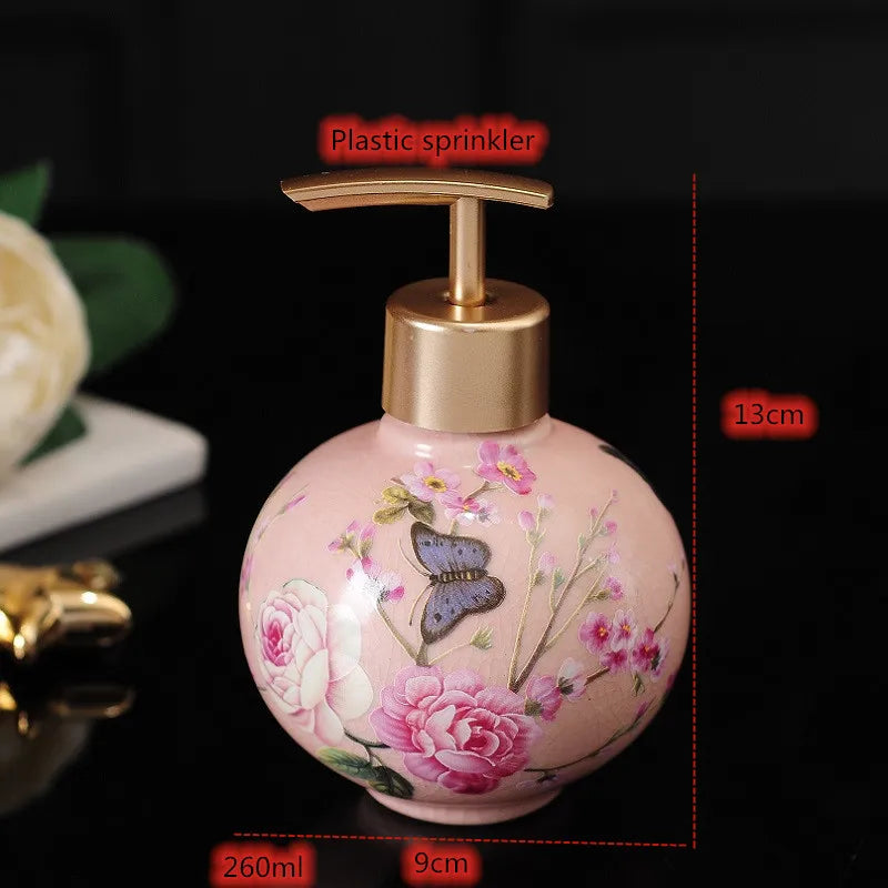 Luxury Lamp Post pink rose ceramic bath accessories set with toothbrush holder, soap dispenser, soap dish, and bathroom cup.