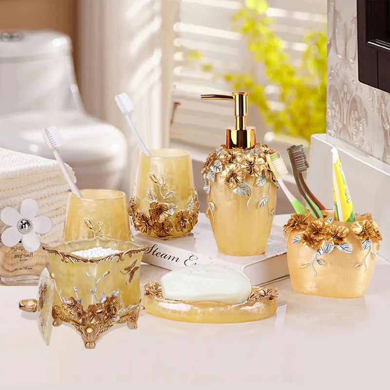 Gold Lamp Post bath accessories set including lotion bottle, toothbrush holder, soap dish, tissue box, cotton swab box, toilet brush, and garbage can.