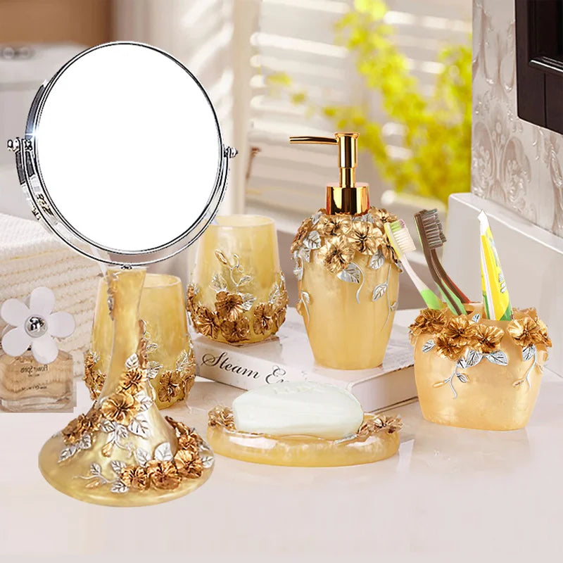Gold Lamp Post bath accessories set including lotion bottle, toothbrush holder, soap dish, tissue box, cotton swab box, toilet brush, and garbage can.