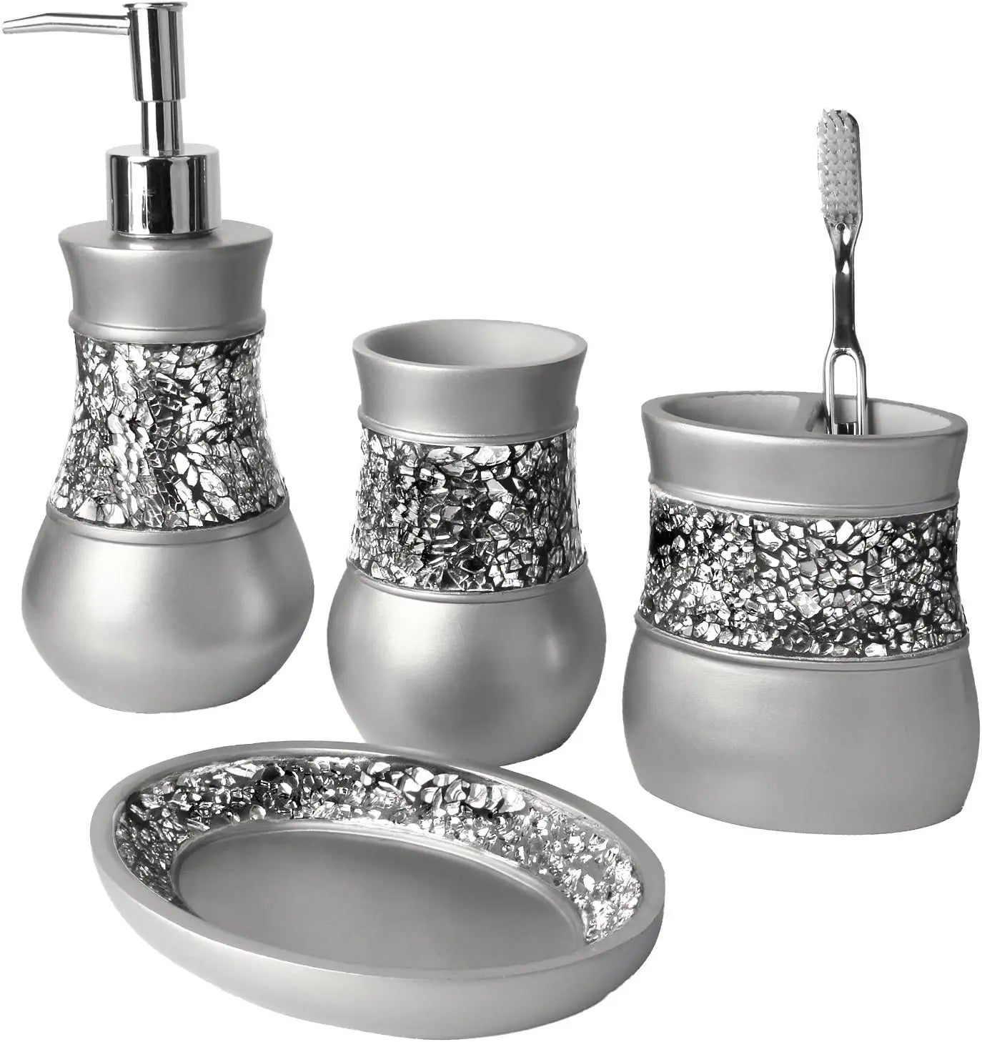 Silver Lamp Post 4-piece bathroom accessories set including soap dispenser, toothbrush holder, tumbler, and soap dish for home decor.
