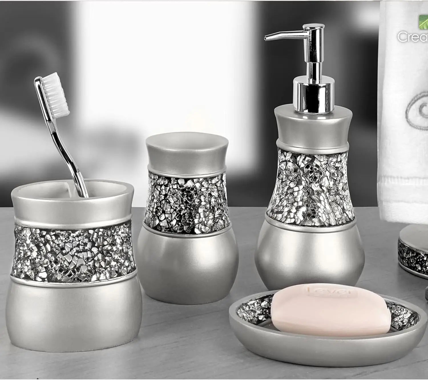 Silver Bath Set by Lamp Post, 4-piece bathroom accessories including soap dispenser, toothbrush holder, and tumbler, in gray silver finish.