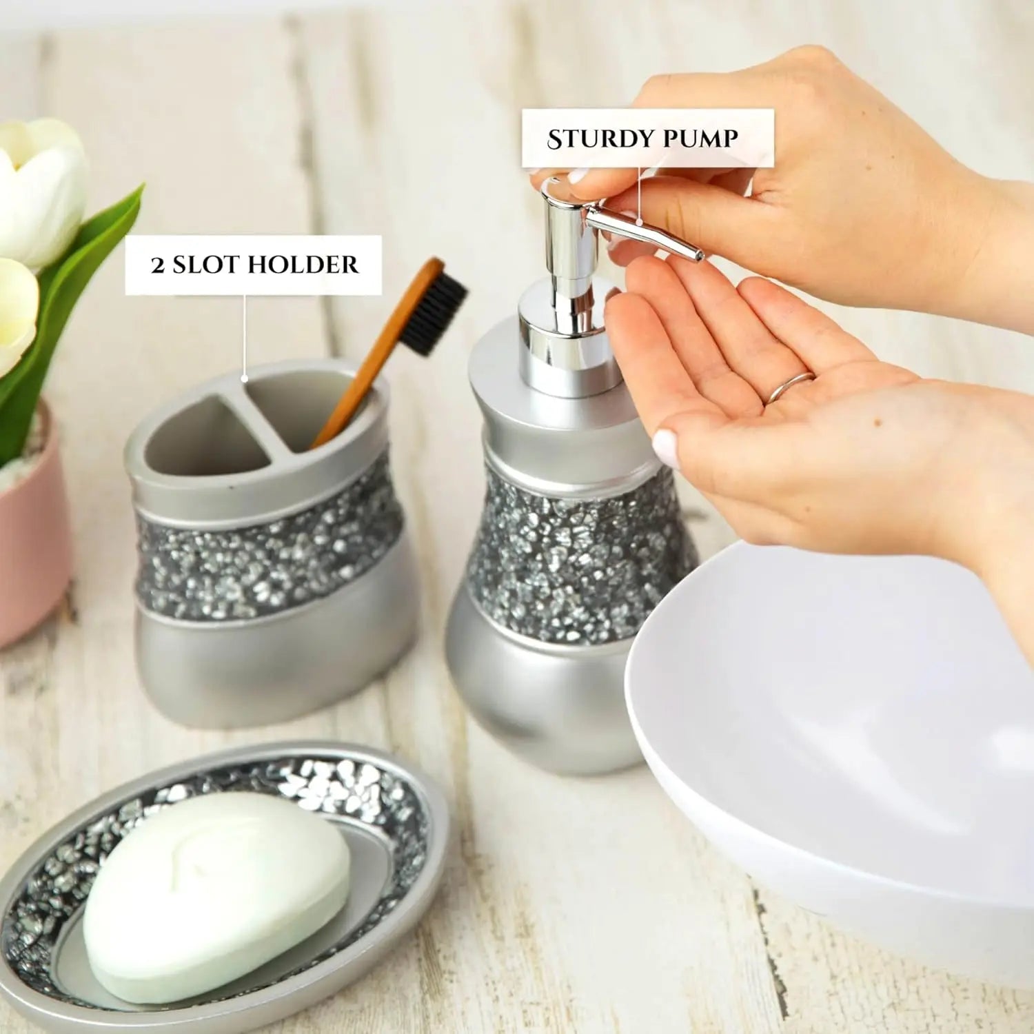 Silver Lamp Post 4-piece bathroom accessories set including soap dispenser, toothbrush holder, tumbler, and soap dish for home bathrooms.