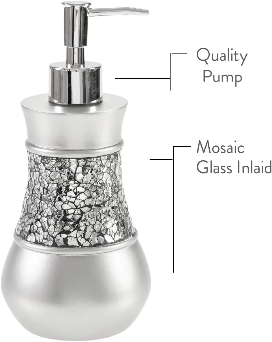Silver bathroom accessories set with soap dispenser, toothbrush holder, tumbler, and soap dish from Lamp Post, designed for home bathrooms.