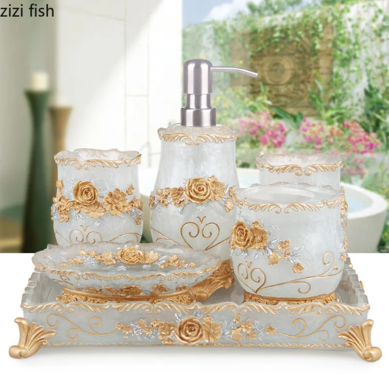 Lamp Post 5-piece bathroom set including soap dispenser, toothbrush holder, cup, soap dish, toilet brush, and wastebin in a coordinated design.