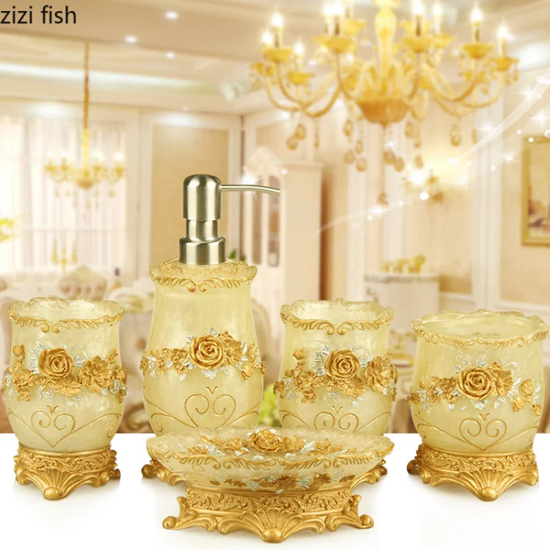 Lamp Post 5-piece bathroom set including soap dispenser, toothbrush holder, cup, soap dish, toilet brush, and wastebin.