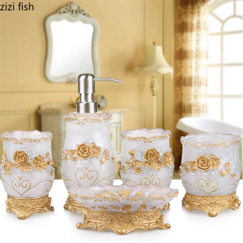 Lamp Post 5-piece bathroom set including soap dispenser, toothbrush holder, cup, soap dish, toilet brush, and wastebin.