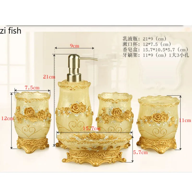 Lamp Post 5-piece bathroom set including soap dispenser, toothbrush holder, cup, soap dish, toilet brush, and wastebin in a coordinated design.