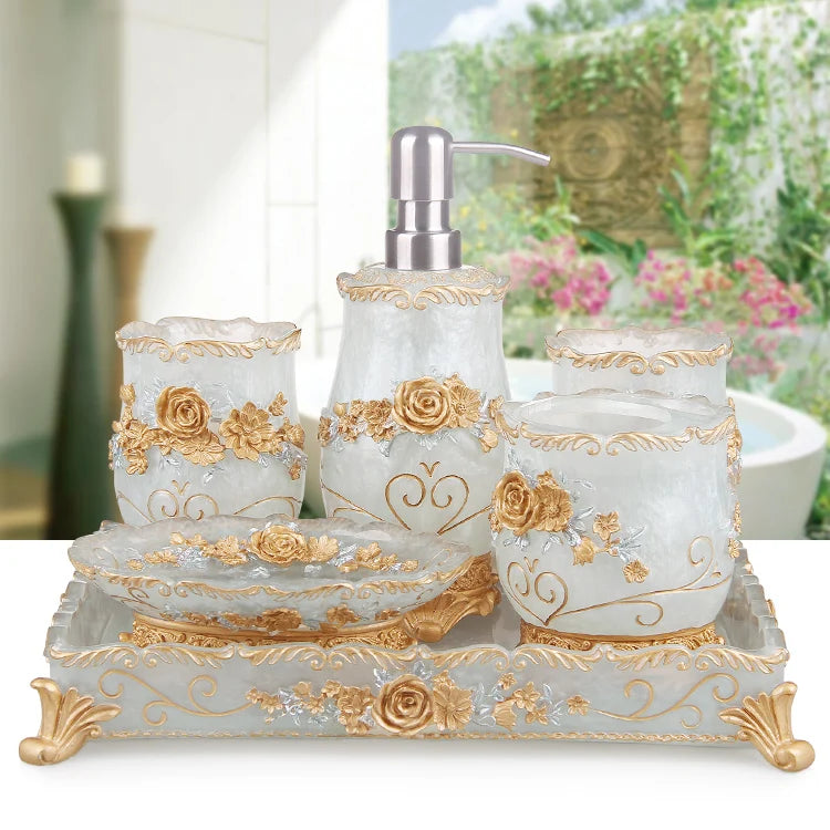 Lamp Post 5-piece bathroom set including soap dispenser, toothbrush holder, soap dish, toilet brush, and wastebin for organized bathroom storage.
