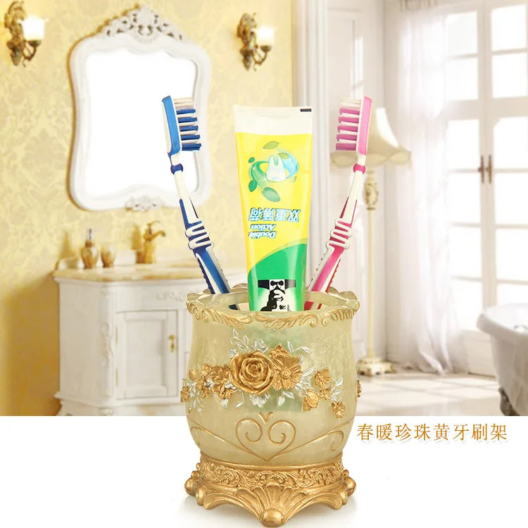 Lamp Post 5-piece bathroom set with soap dispenser, toothbrush holder, cup, soap dish, tray, toilet brush, and wastebin.